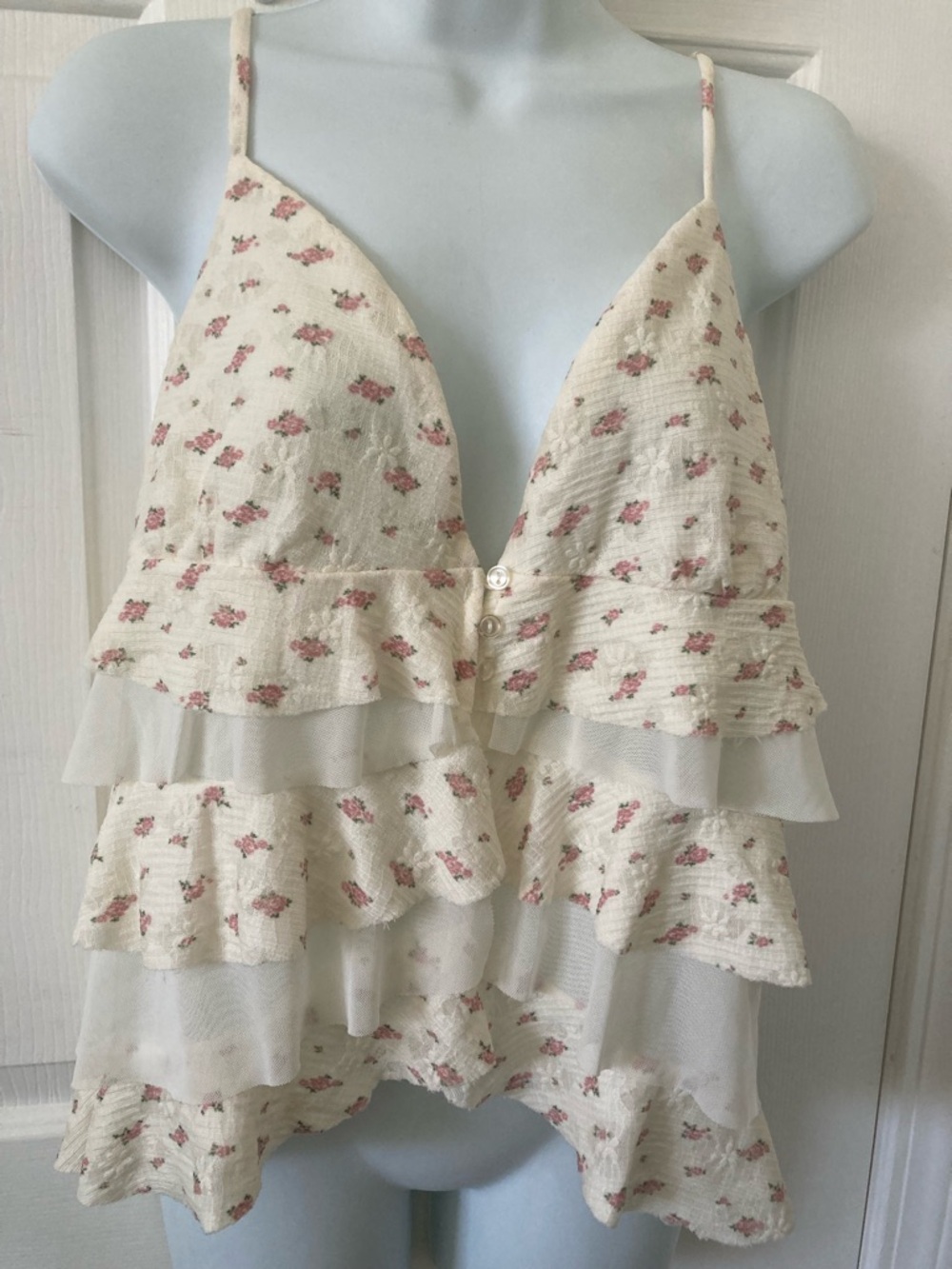 Free People Ivory Floral Camisole with Subtle Pink Accents